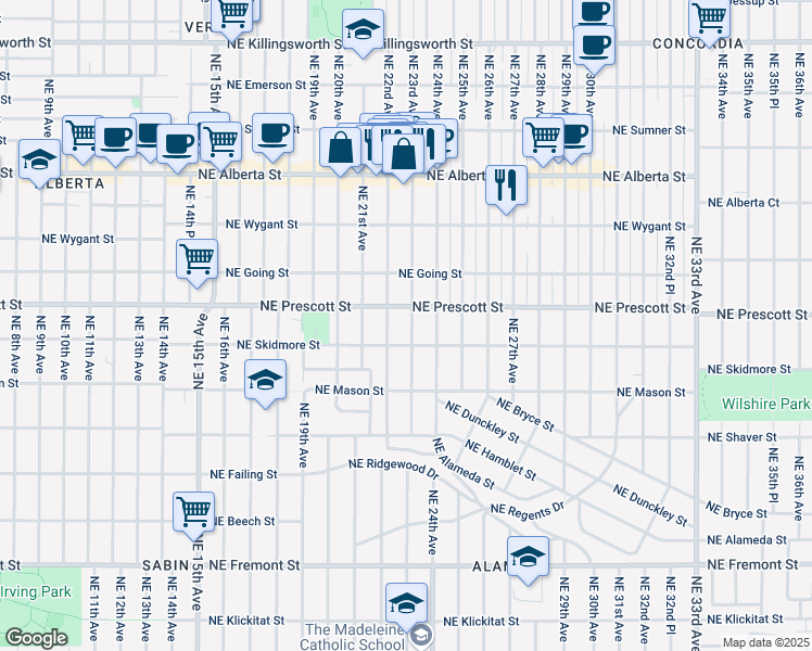 map of restaurants, bars, coffee shops, grocery stores, and more near 4406 Northeast 23rd Avenue in Portland