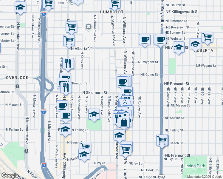 map of restaurants, bars, coffee shops, grocery stores, and more near 4368 North Gantenbein Avenue in Portland