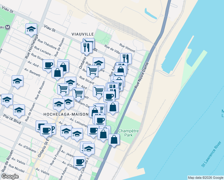 map of restaurants, bars, coffee shops, grocery stores, and more near 1437 Rue Sicard in Montréal