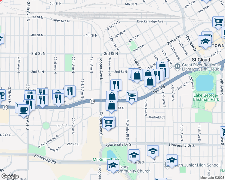 map of restaurants, bars, coffee shops, grocery stores, and more near 1819 1st Street North in Saint Cloud