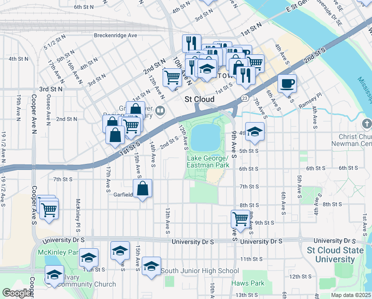 map of restaurants, bars, coffee shops, grocery stores, and more near 233 12th Avenue South in St. Cloud