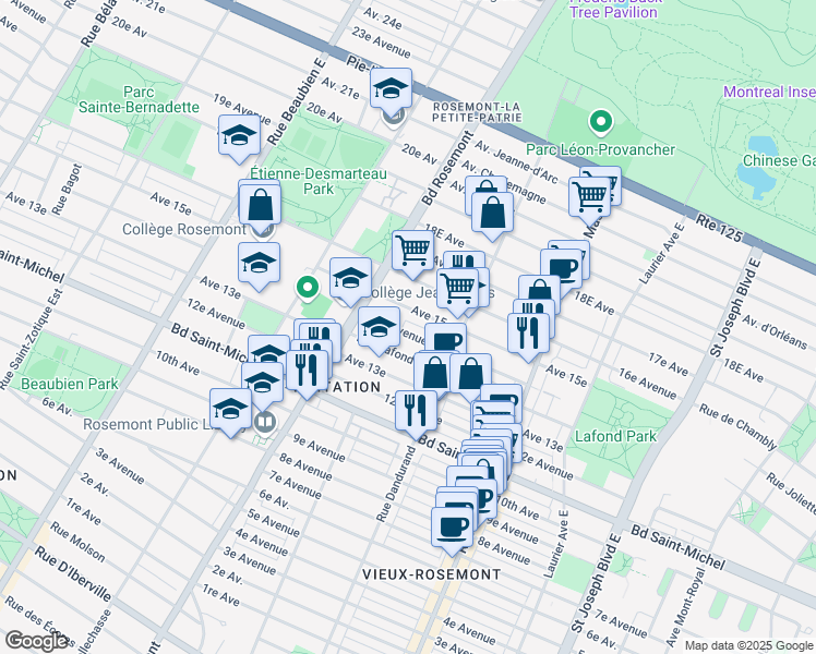 map of restaurants, bars, coffee shops, grocery stores, and more near 5695 14e Avenue in Montréal