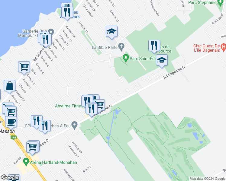 map of restaurants, bars, coffee shops, grocery stores, and more near 4577D Boulevard Dagenais Ouest in Laval