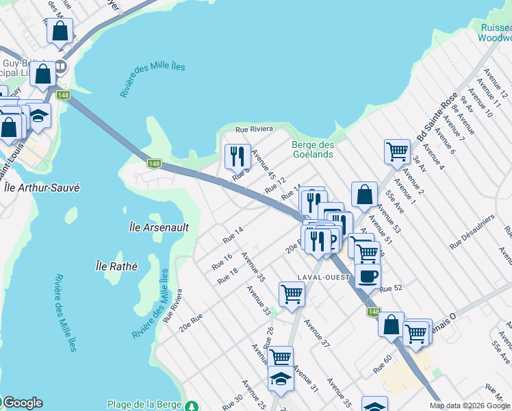 map of restaurants, bars, coffee shops, grocery stores, and more near 1250 Boulevard Arthur-Sauvé in Laval