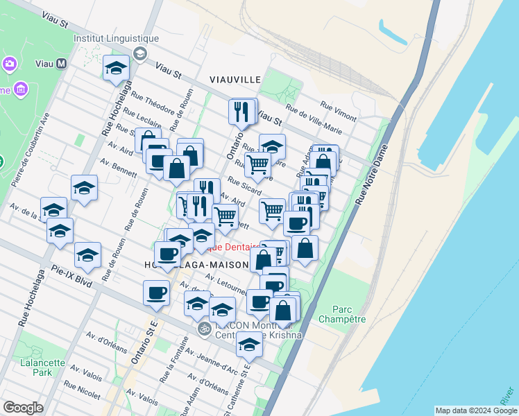 map of restaurants, bars, coffee shops, grocery stores, and more near 1689 Avenue Aird in Montréal