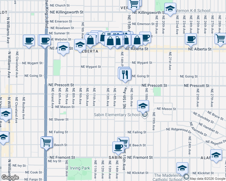map of restaurants, bars, coffee shops, grocery stores, and more near 4335 Northeast 14th Avenue in Portland