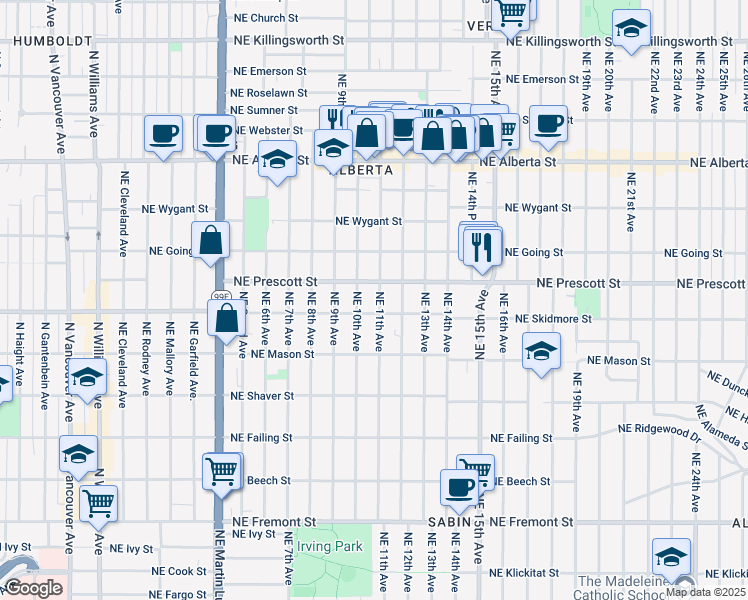 map of restaurants, bars, coffee shops, grocery stores, and more near 4325 Northeast 11th Avenue in Portland