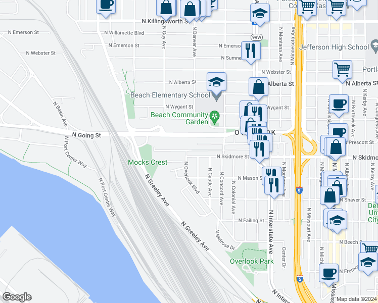 map of restaurants, bars, coffee shops, grocery stores, and more near 4322 North Overlook Boulevard in Portland