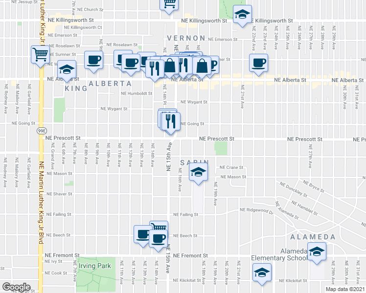 map of restaurants, bars, coffee shops, grocery stores, and more near 4336 Northeast 16th Avenue in Portland