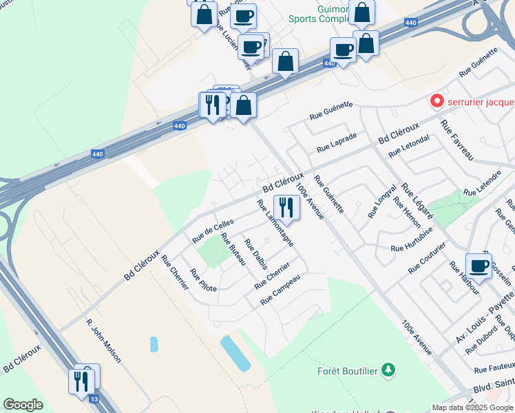 map of restaurants, bars, coffee shops, grocery stores, and more near 2538 Rue Lamontagne in Laval