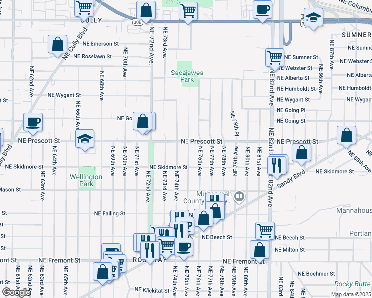 map of restaurants, bars, coffee shops, grocery stores, and more near 4425 Northeast 75th Avenue in Portland