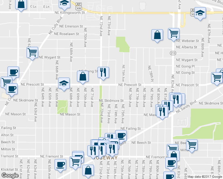 map of restaurants, bars, coffee shops, grocery stores, and more near 4428 Northeast 73rd Avenue in Portland