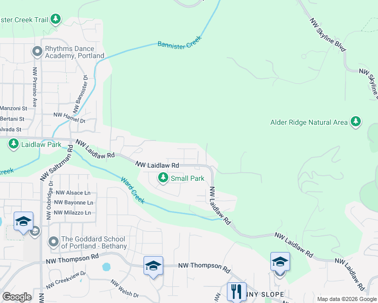 map of restaurants, bars, coffee shops, grocery stores, and more near 11776 Northwest Mellridge Lane in Portland