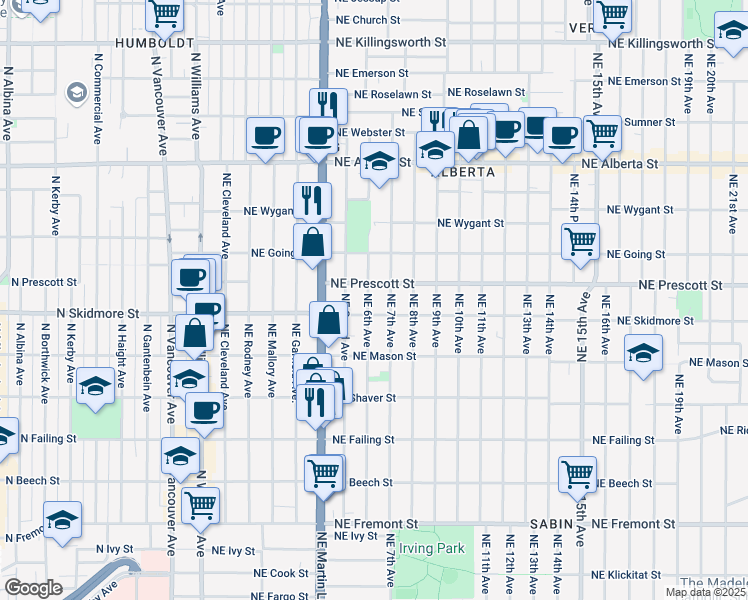 map of restaurants, bars, coffee shops, grocery stores, and more near 4326 Northeast 6th Avenue in Portland