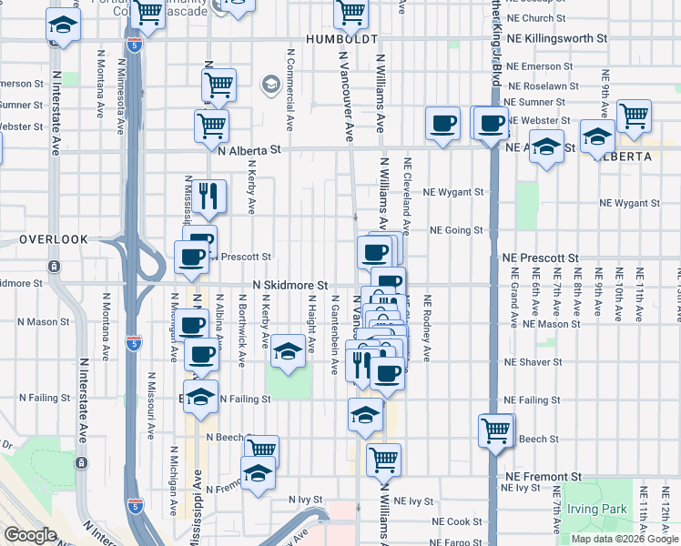 map of restaurants, bars, coffee shops, grocery stores, and more near 4384 North Gantenbein Avenue in Portland