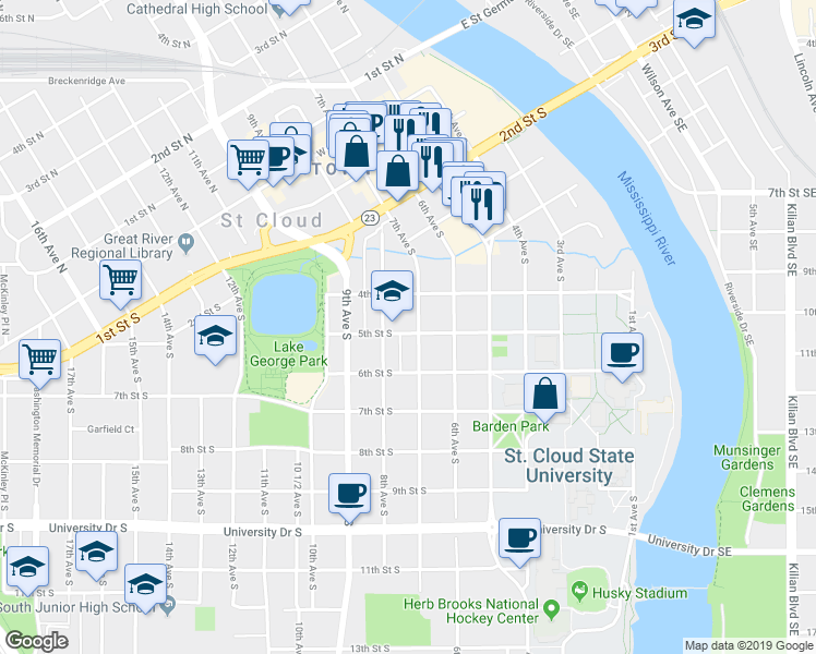 map of restaurants, bars, coffee shops, grocery stores, and more near 427 7th Avenue South in St. Cloud