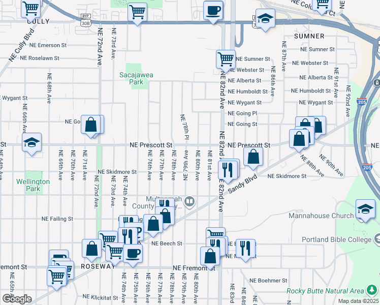 map of restaurants, bars, coffee shops, grocery stores, and more near 4430 Northeast 79th Avenue in Portland