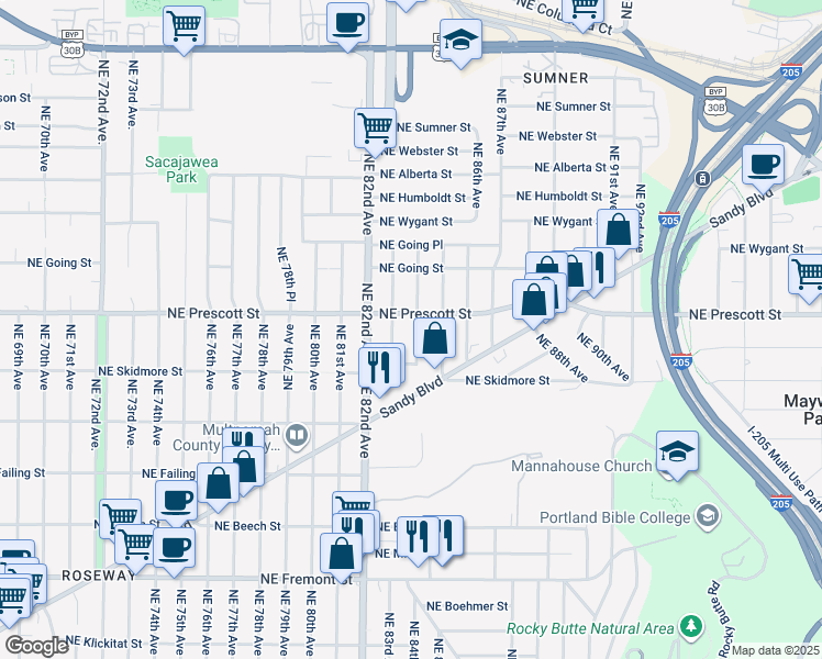 map of restaurants, bars, coffee shops, grocery stores, and more near 4433 Northeast 84th Avenue in Portland