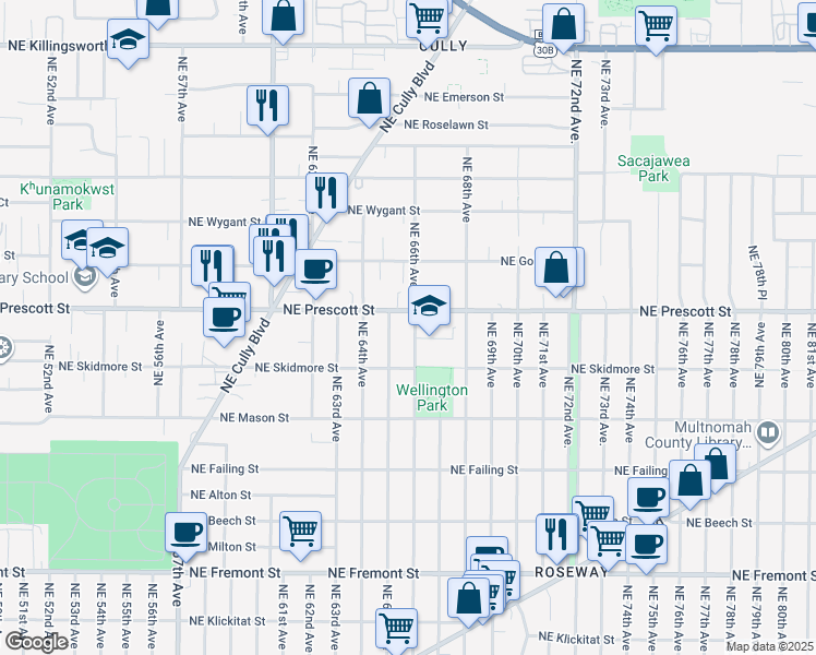 map of restaurants, bars, coffee shops, grocery stores, and more near 4423 Northeast 66th Avenue in Portland