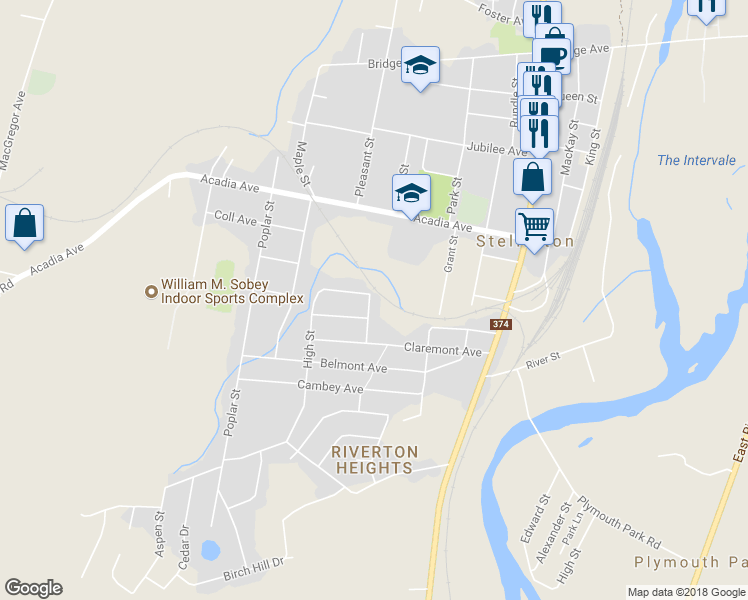 map of restaurants, bars, coffee shops, grocery stores, and more near 120 Macmillan Street in Stellarton
