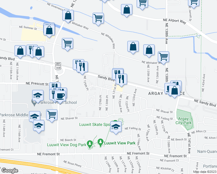 map of restaurants, bars, coffee shops, grocery stores, and more near 12929 Northeast Prescott Drive in Portland