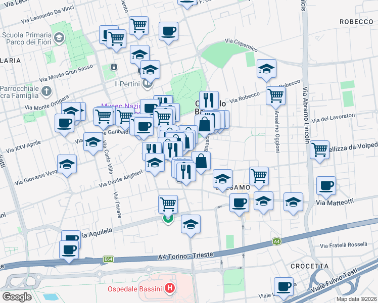 map of restaurants, bars, coffee shops, grocery stores, and more near 26 Via Giosuè Carducci in Cinisello Balsamo