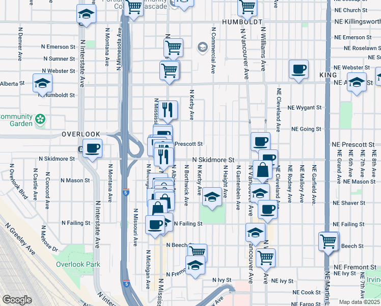 map of restaurants, bars, coffee shops, grocery stores, and more near 4322 North Borthwick Avenue in Portland