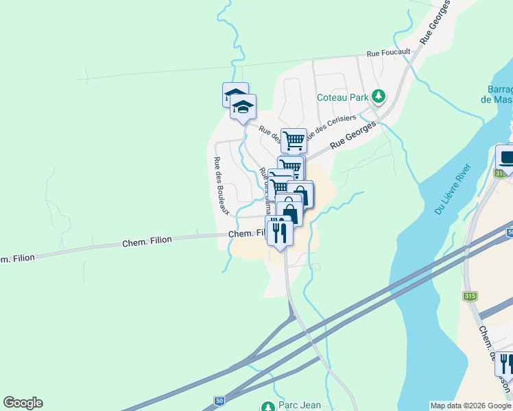 map of restaurants, bars, coffee shops, grocery stores, and more near 227 Rue des Vinaigriers in Gatineau