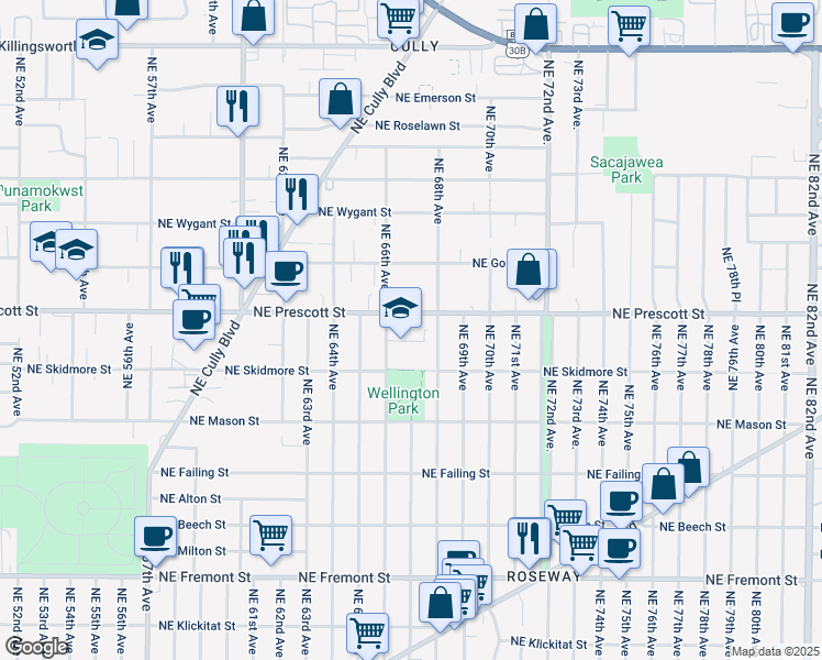 map of restaurants, bars, coffee shops, grocery stores, and more near 4423 Northeast 66th Avenue in Portland