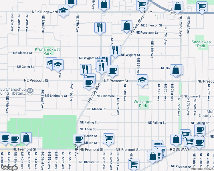 map of restaurants, bars, coffee shops, grocery stores, and more near 4425 Northeast 62nd Avenue in Portland