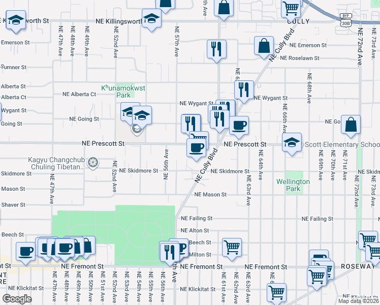 map of restaurants, bars, coffee shops, grocery stores, and more near 5702-5710 Northeast Prescott Street in Portland