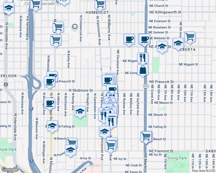 map of restaurants, bars, coffee shops, grocery stores, and more near 4357 North Williams Avenue in Portland