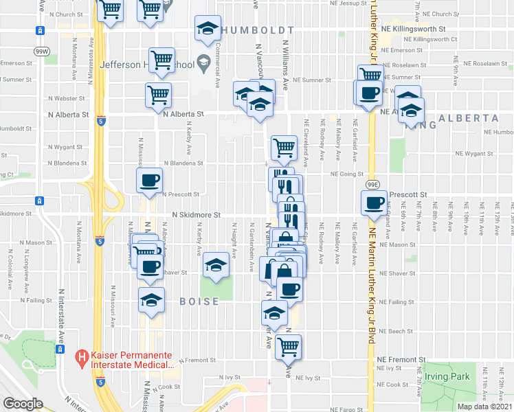 map of restaurants, bars, coffee shops, grocery stores, and more near 4326 North Gantenbein Avenue in Portland