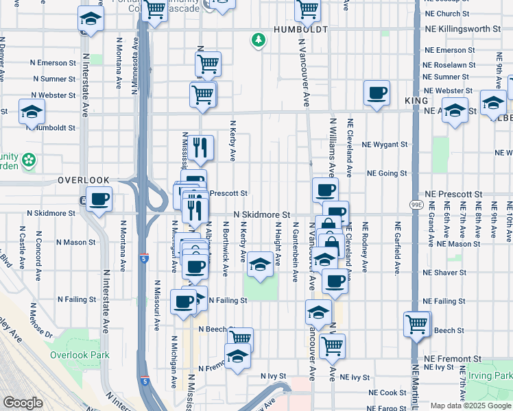 map of restaurants, bars, coffee shops, grocery stores, and more near 4323 North Commercial Avenue in Portland