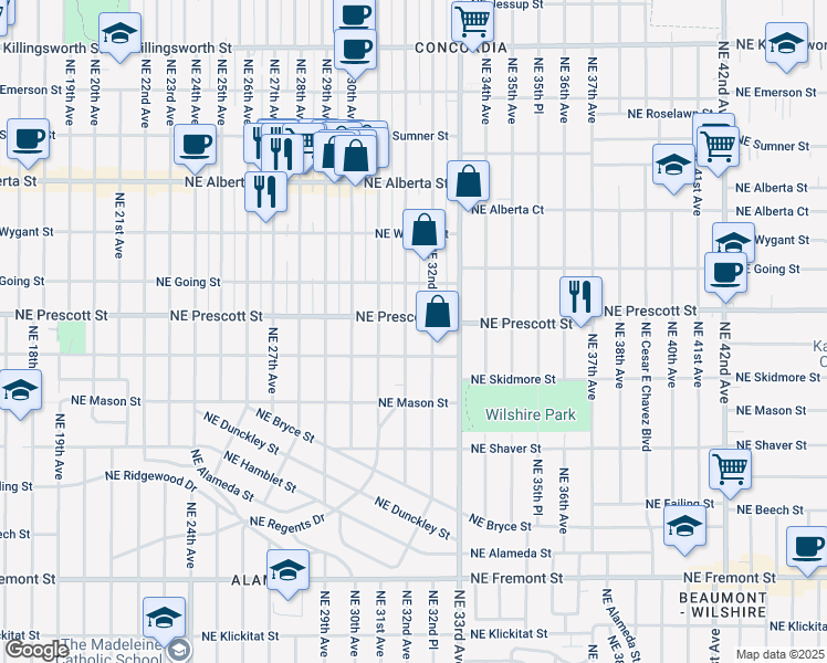 map of restaurants, bars, coffee shops, grocery stores, and more near 4404 Northeast 32nd Avenue in Portland