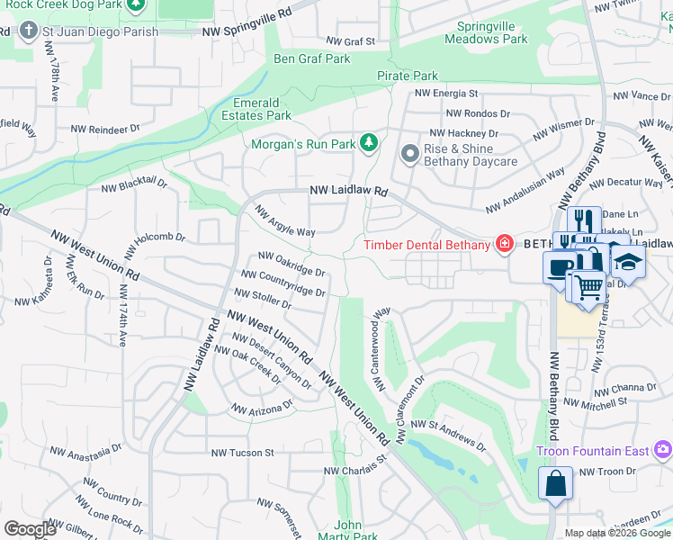map of restaurants, bars, coffee shops, grocery stores, and more near 16615 Northwest Oakridge Drive in Portland