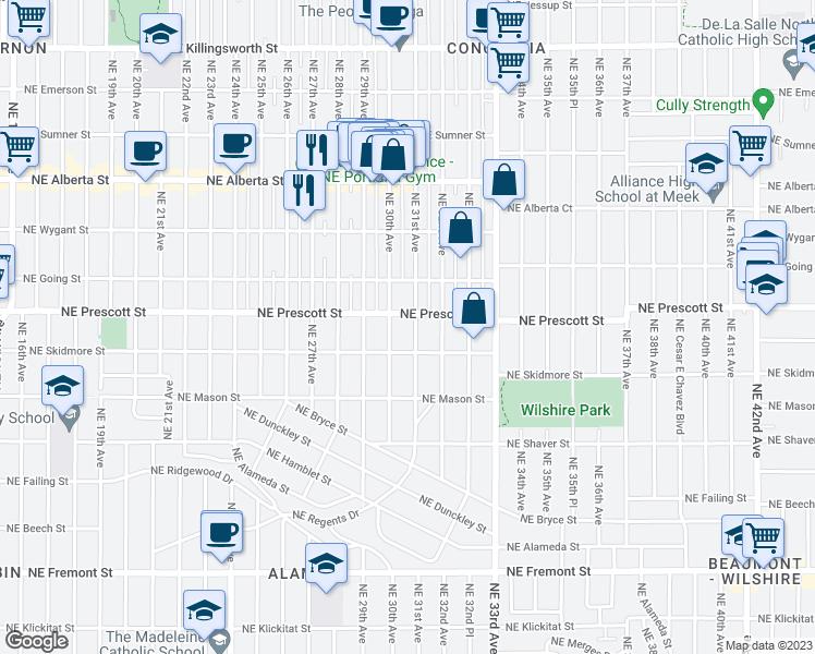 map of restaurants, bars, coffee shops, grocery stores, and more near 4407 Northeast 31st Avenue in Portland