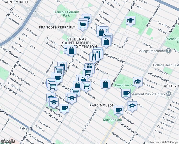 map of restaurants, bars, coffee shops, grocery stores, and more near 2953 Rue Bélanger in Montréal