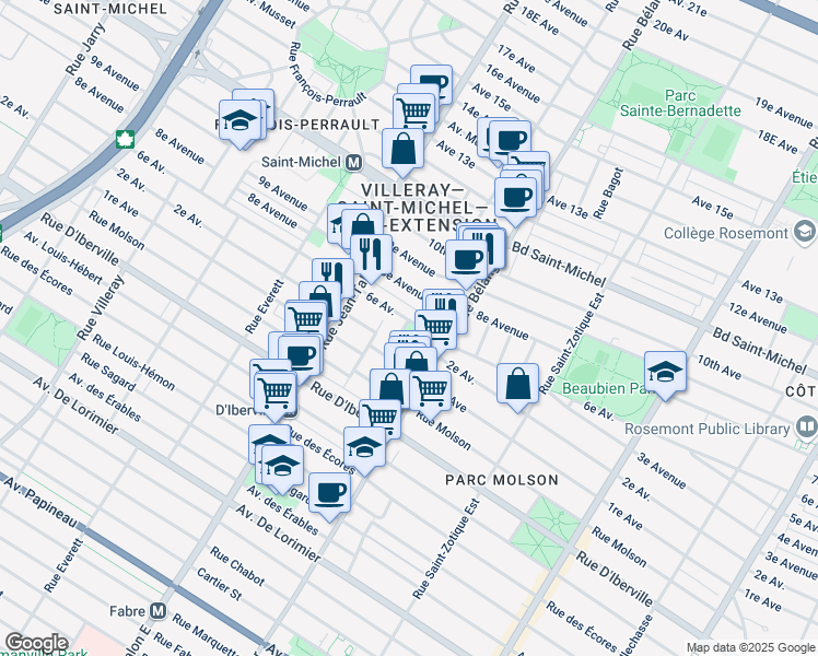 map of restaurants, bars, coffee shops, grocery stores, and more near 7035 2e Avenue in Montréal