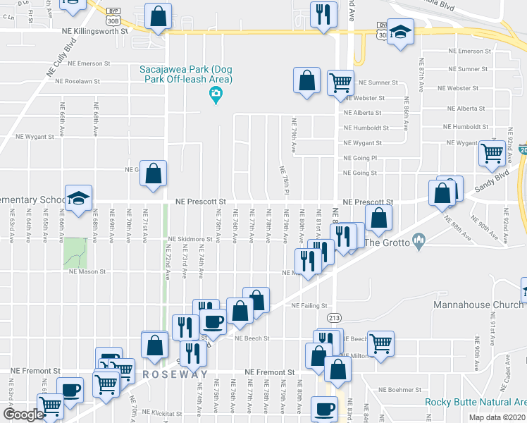 map of restaurants, bars, coffee shops, grocery stores, and more near 4429 Northeast 78th Avenue in Portland