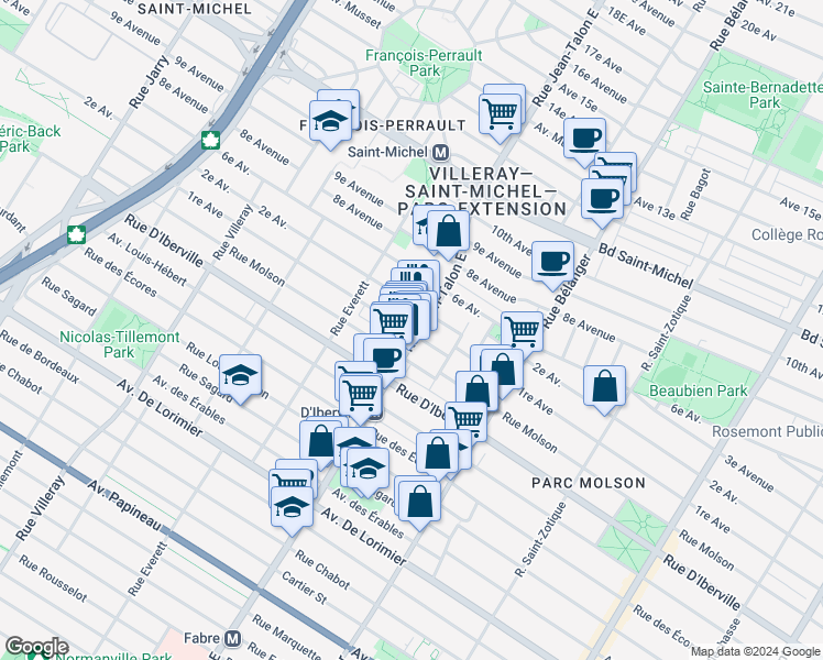 map of restaurants, bars, coffee shops, grocery stores, and more near 2583 Rue Jean-Talon in Montréal