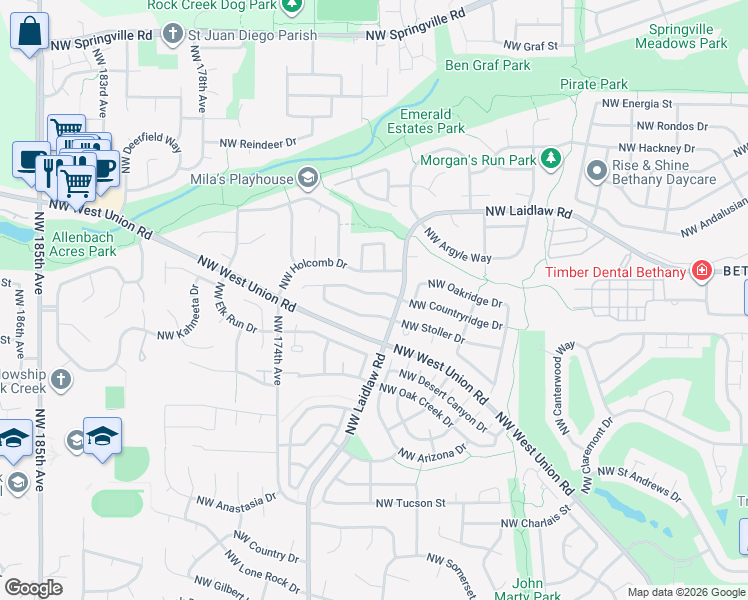 map of restaurants, bars, coffee shops, grocery stores, and more near 17104 Northwest Countryridge Drive in Portland