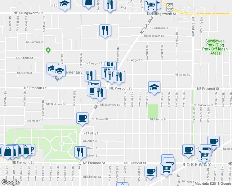 map of restaurants, bars, coffee shops, grocery stores, and more near 4425 Northeast 62nd Avenue in Portland