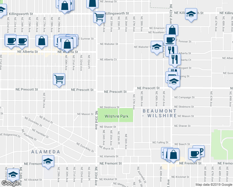 map of restaurants, bars, coffee shops, grocery stores, and more near 4443 Northeast 35th Place in Portland