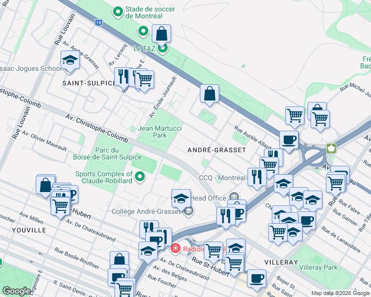 map of restaurants, bars, coffee shops, grocery stores, and more near 8767 Rue René-Labelle in Montréal