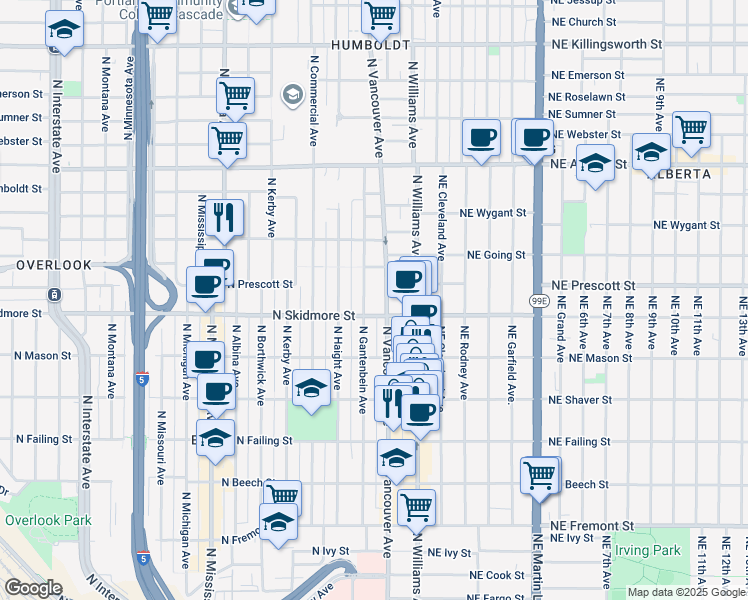 map of restaurants, bars, coffee shops, grocery stores, and more near 4326 North Gantenbein Avenue in Portland