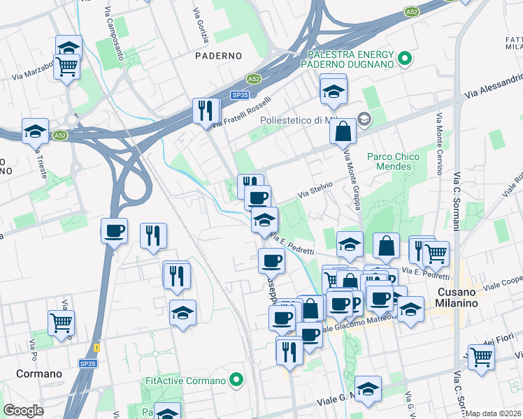 map of restaurants, bars, coffee shops, grocery stores, and more near 15 Via della Libertà in Cusano Milanino