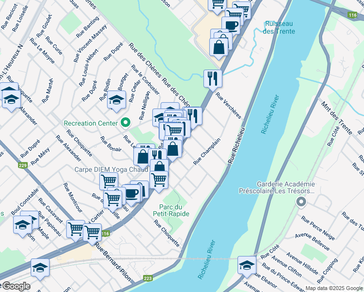 map of restaurants, bars, coffee shops, grocery stores, and more near 185 Rue Orsali in Beloeil