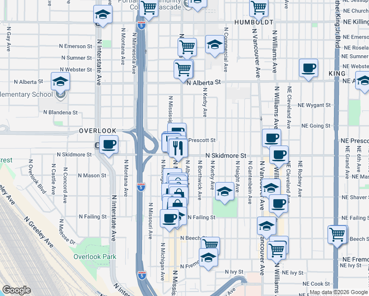 map of restaurants, bars, coffee shops, grocery stores, and more near 4325 North Albina Avenue in Portland
