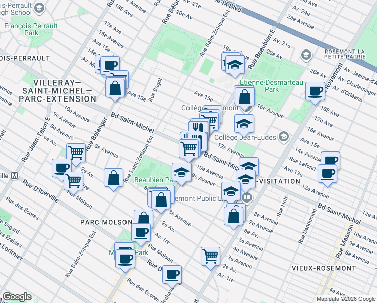 map of restaurants, bars, coffee shops, grocery stores, and more near 6524 Boulevard Saint-Michel in Montréal